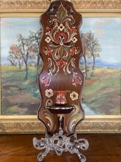 Possibly Norwegian Hand-painted Rosemaling Wall Pocket with Candlestick Holder