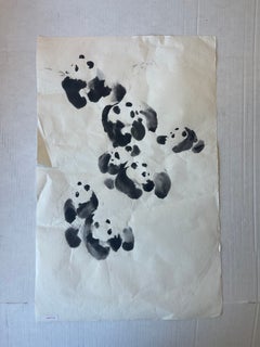 Vintage Chinese Brush Painting of Pandas by J.P. Gaston, Ink on Rice Paper.