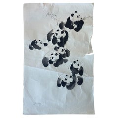 Peinture chinoise à l'ancienne représentant des pandas, réalisée par J.P. Gaston, encre sur papier de riz.