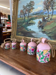 Hand-Painted Pink Metal Bell Garland with Floral Motif, Set of 6 Hanging Bells.