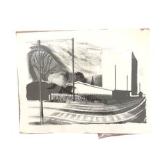 Lithografie im Stil der Mid-Century-Modern-Architektur – Industrielandschaft.