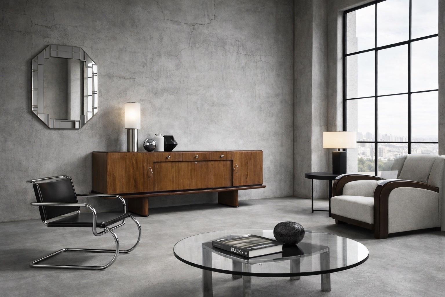 Original Vintage Antik Großes Französisches Art Deco Nussbaum Buffet mit Schwarzer Glasplatte