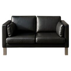 Vintage Mid-Century Danish Modern Two-Seater Black Leather Sofa, 1970s
