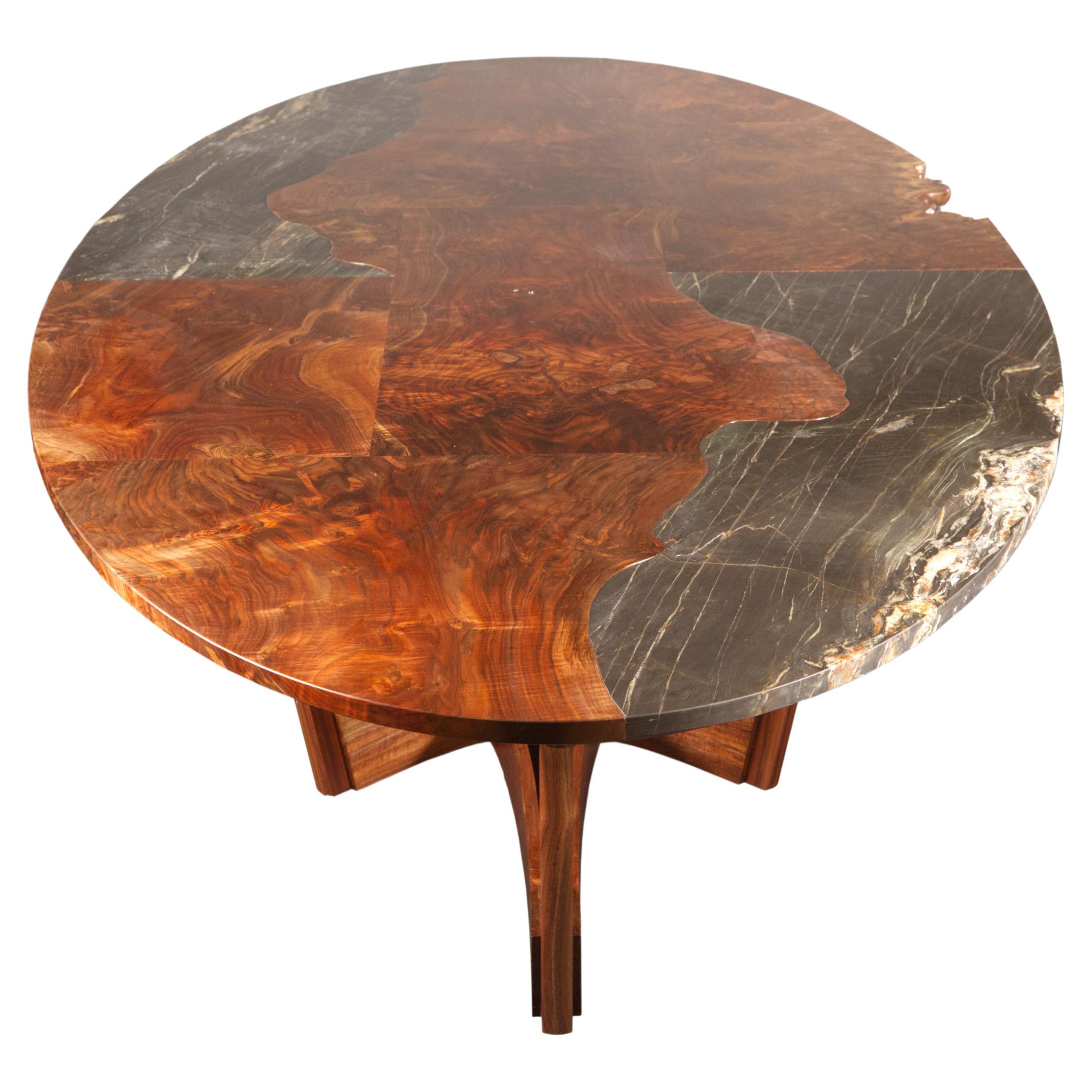 Eliptical Claro Walnut and Granite Dining Table with Modern Star-Shaped Base For Sale