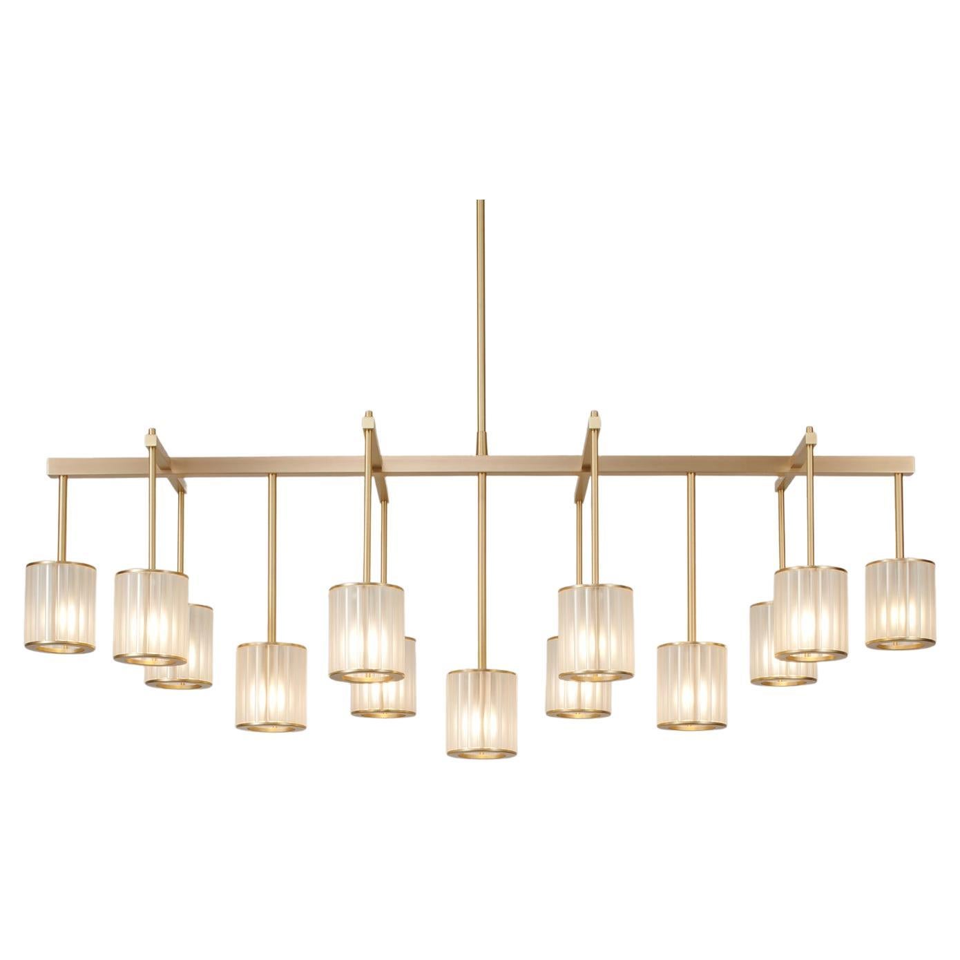 Flute Beam Chandelier with 13 Arms in Brushed Brass and Frosted Glass Diffusers For Sale
