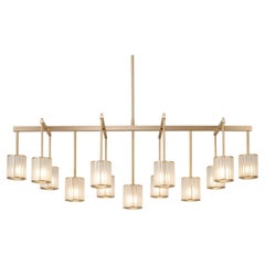 Flute Beam Chandelier with 13 Arms in Brushed Brass and Frosted Glass Diffusers