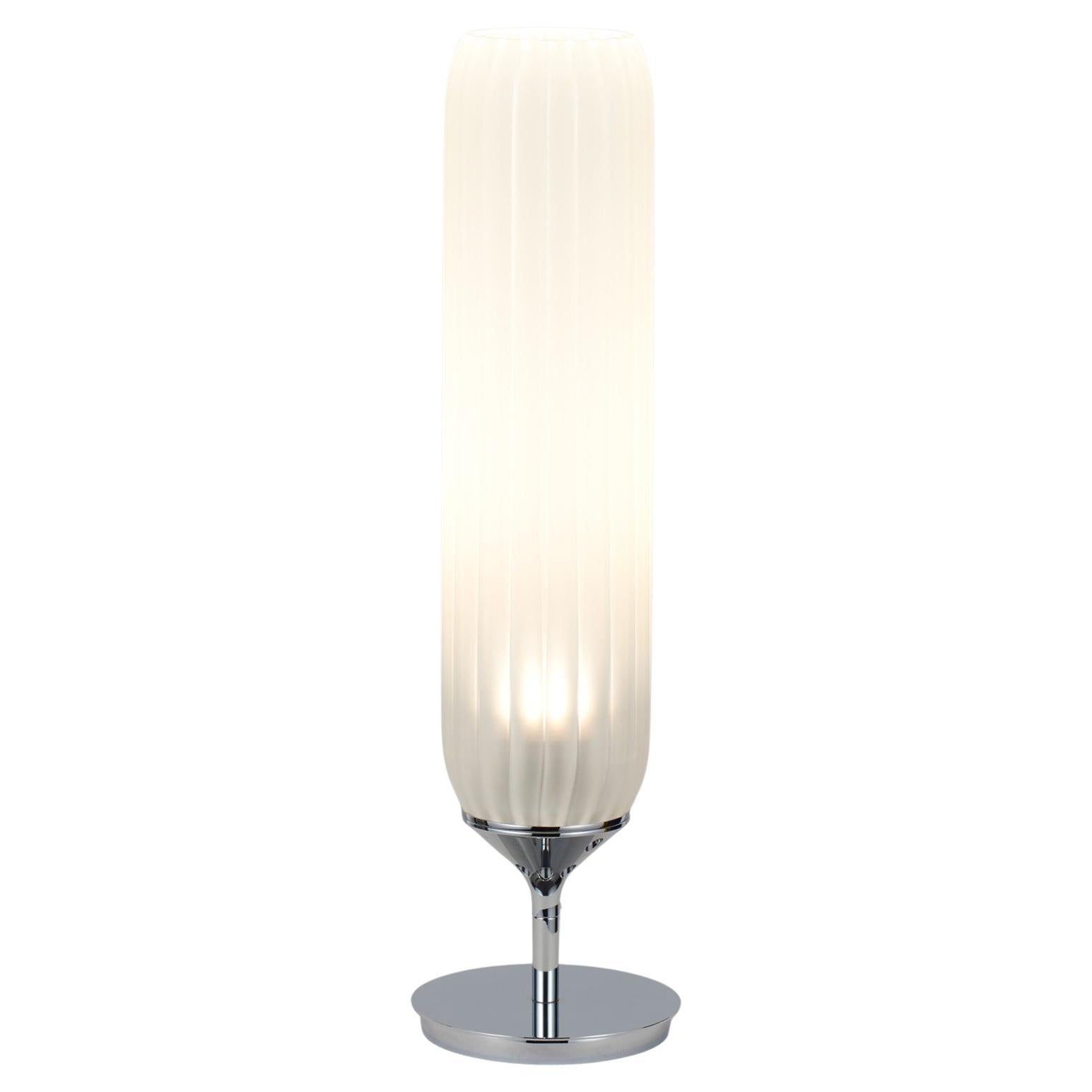 Pod-Tischleuchte aus poliertem Nickel mit mattiertem Glasdiffusor von Tom Kirk