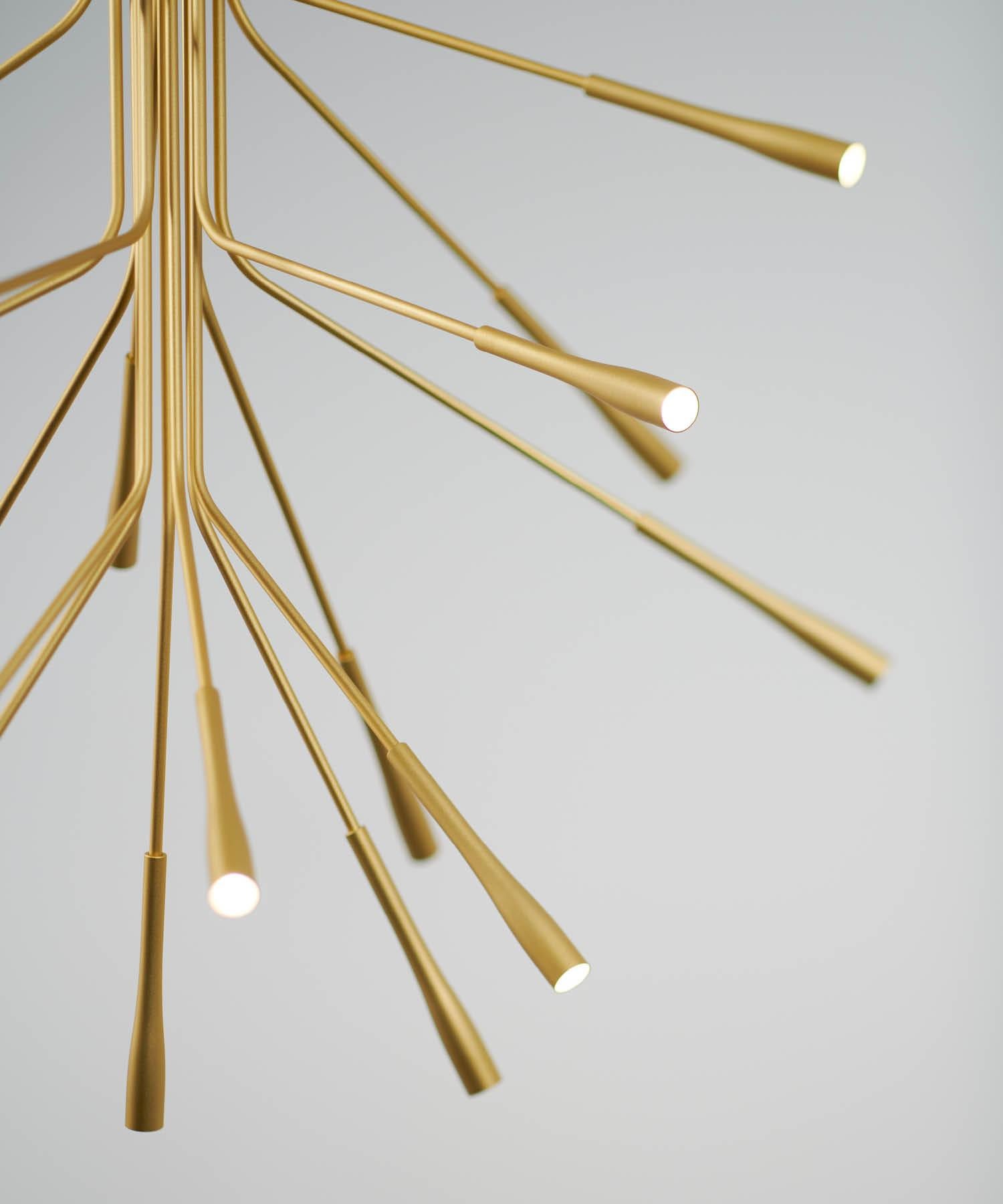 Modern Lightweight Chandelier in Satin-anodised Gold Finish, UL Listed by Tom Kirk For Sale