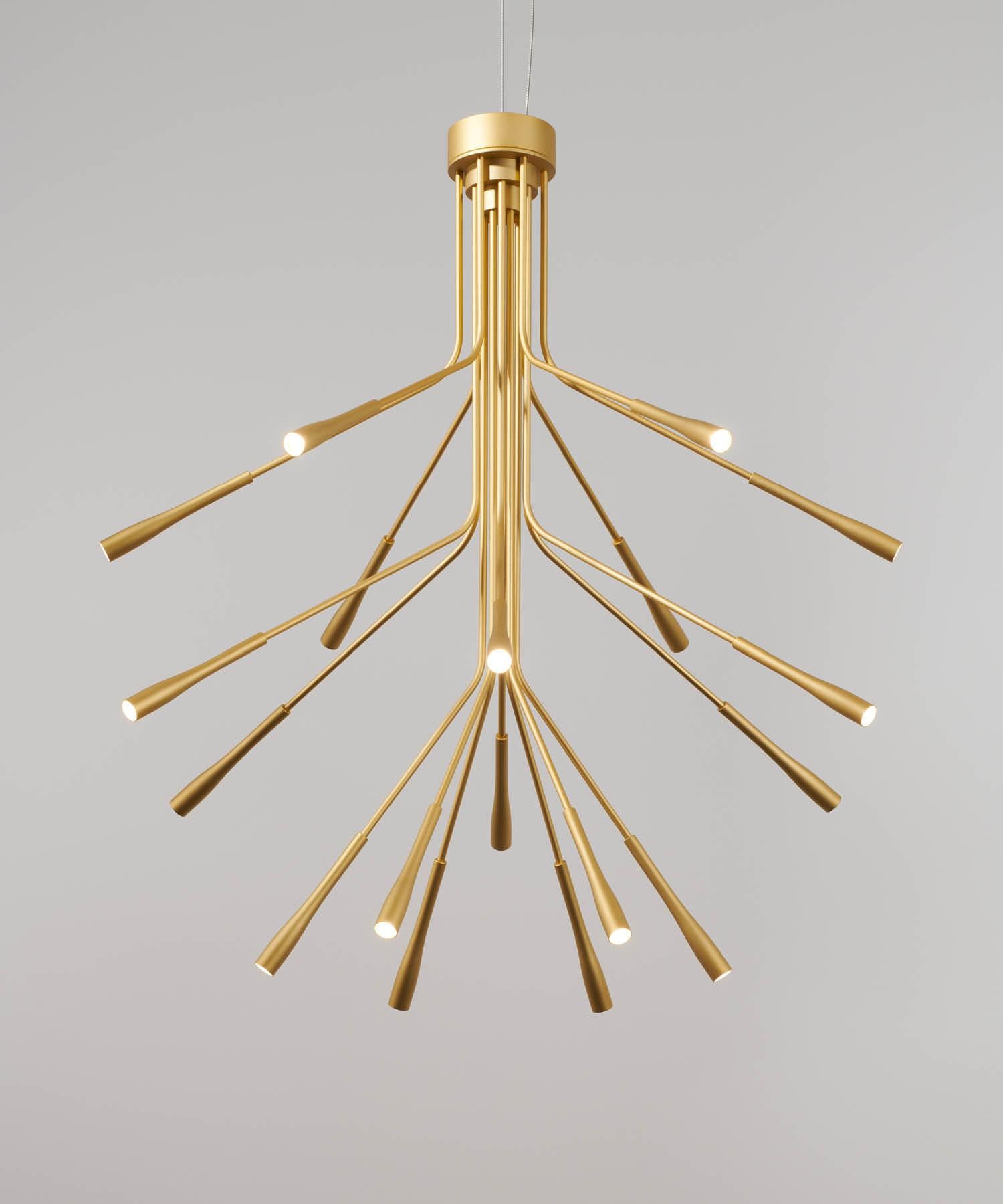 Lightweight Chandelier in Satin-anodised Gold Finish, UL Listed by Tom Kirk

Dynamic and eye-catching, the Lightweight Chandelier is designed to be the focal point of an interior scheme. Machined entirely from aluminium and weighing less than 3kg,