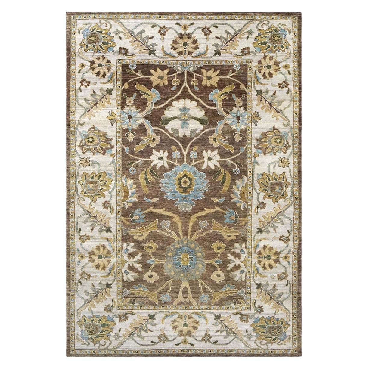 21st Century Sultanabad 6x9 Brown, Ivory & Blue Handmade Area Rug For Sale