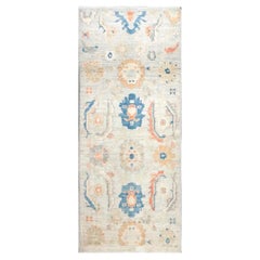 21st Century Turkish Sultanabad Wool 3x6 Tan & Light Blue Handmade Runner Rug