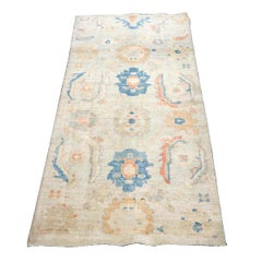 21st Century Turkish Sultanabad Wool 3x6 Tan & Light Blue Handmade Runner Rug