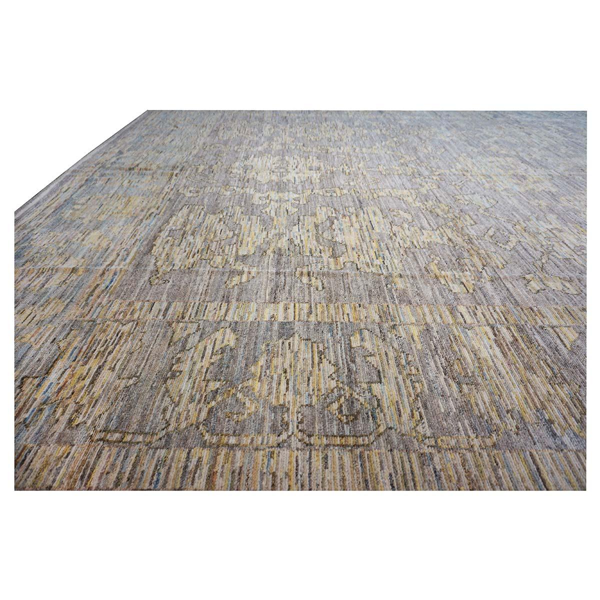 21st Century Turkish Oushak 13X19 Gold, Slate Blue & Charcoal Handmade Area Rug (Tapis de sol turc 13X19 or, bleu ardoise et charbon de bois) Excellent état - En vente à Houston, TX