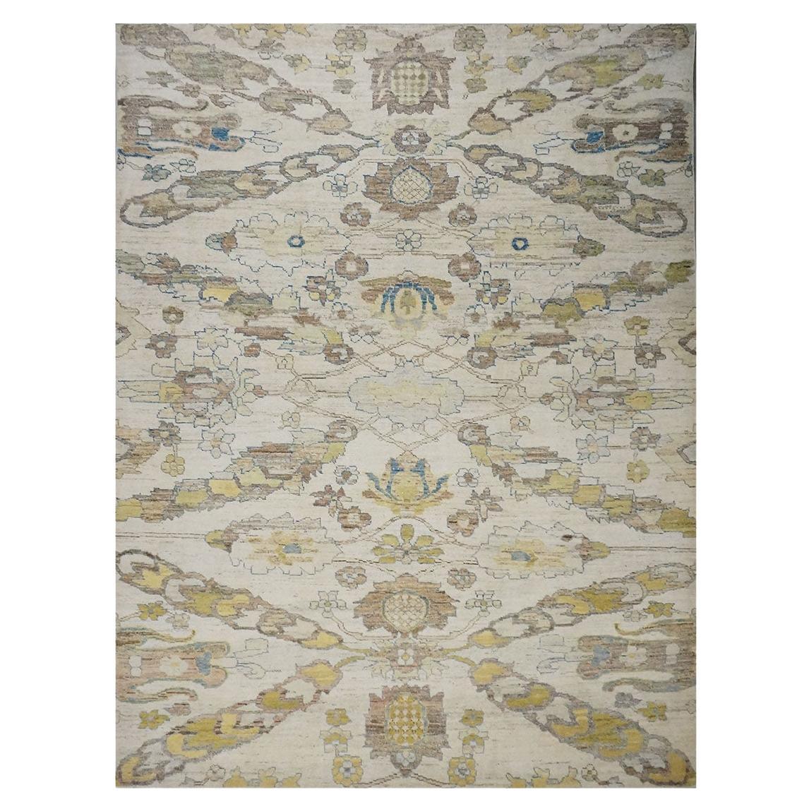 21st Century Turkish Oushak 10X13 Gold, Ivory & Slate Blue Handmade Area Rug