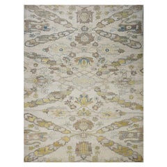 21e siècle Tapis turc Oushak 10X13 or, ivoire et bleu ardoise fait main
