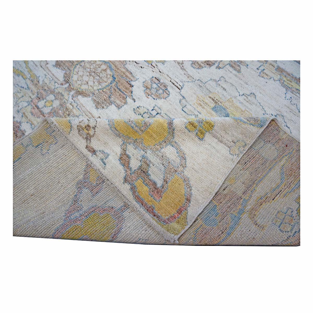 Laine 21e siècle Tapis turc Oushak 10X13 or, ivoire et bleu ardoise fait main en vente