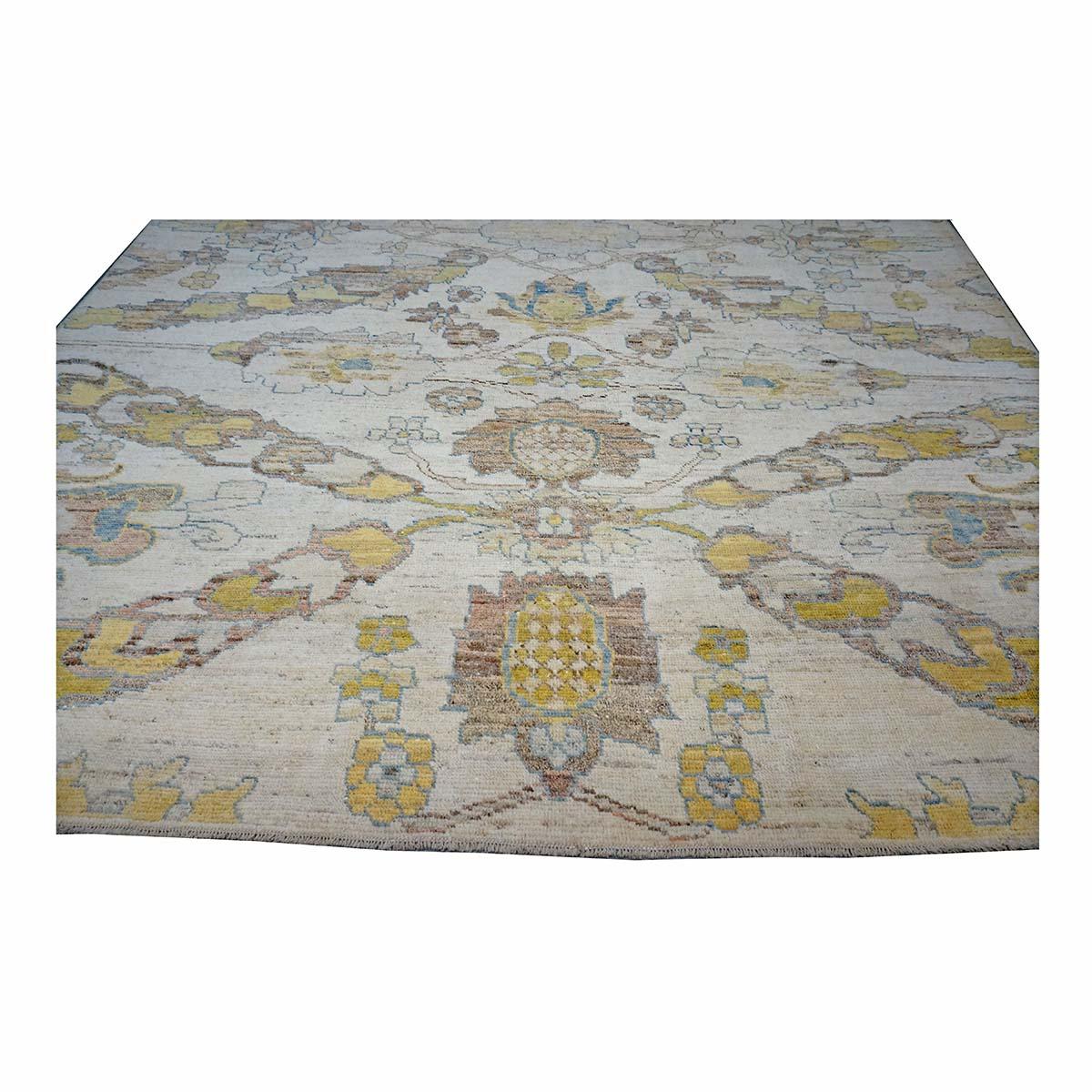 Turc 21e siècle Tapis turc Oushak 10X13 or, ivoire et bleu ardoise fait main en vente