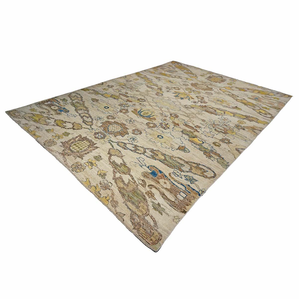 21e siècle Tapis turc Oushak 10X13 or, ivoire et bleu ardoise fait main Excellent état - En vente à Houston, TX