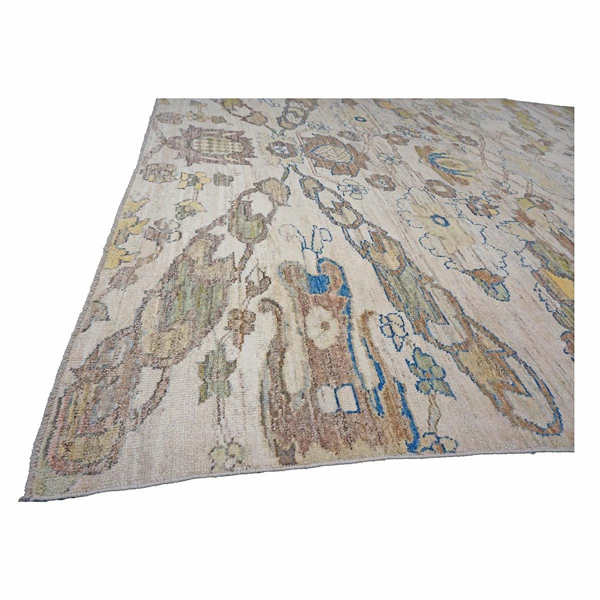 21e siècle Tapis turc Oushak 10X13 or, ivoire et bleu ardoise fait main en vente 1