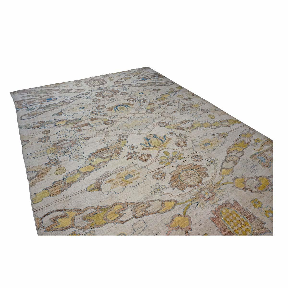 21e siècle Tapis turc Oushak 10X13 or, ivoire et bleu ardoise fait main en vente 2