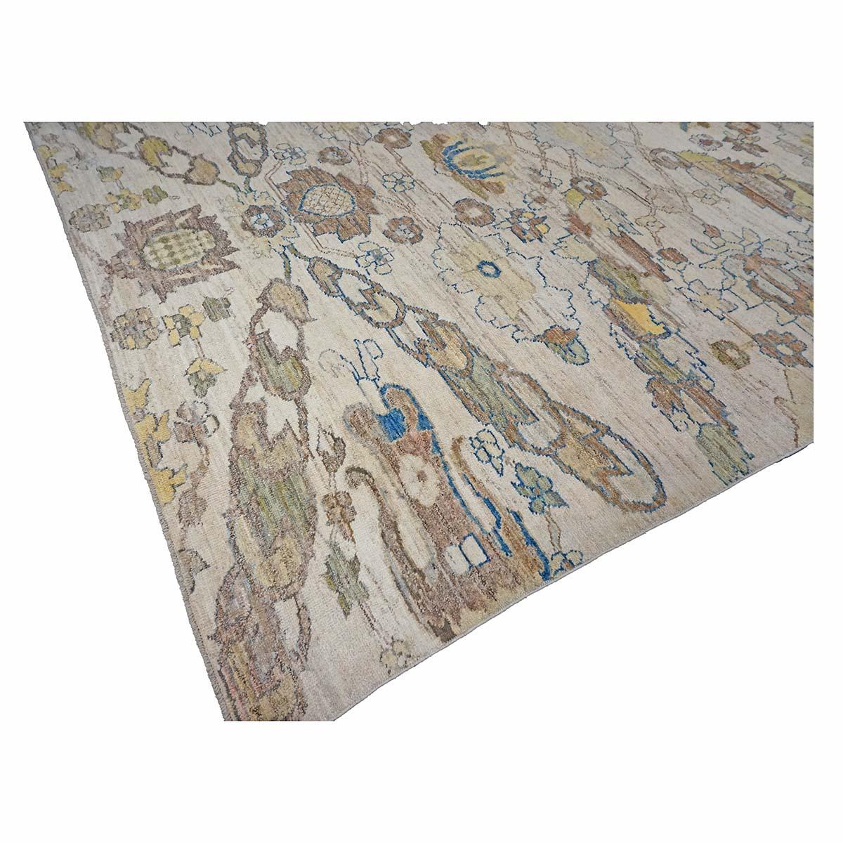 XXIe siècle et contemporain 21e siècle Tapis turc Oushak 10X13 or, ivoire et bleu ardoise fait main en vente