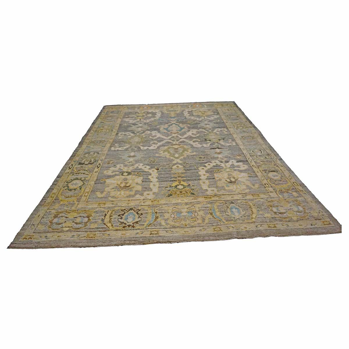 Tissé à la main 21e siècle Turc Oushak 9X13 Or, Ivoire et Bleu ardoise Tapis fait main en vente