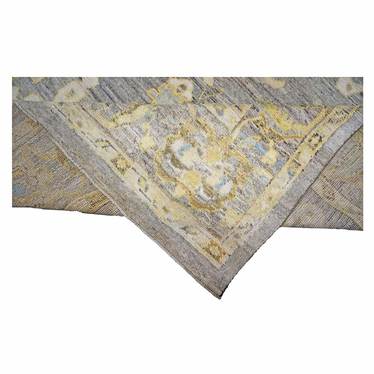 21e siècle Turc Oushak 9X13 Or, Ivoire et Bleu ardoise Tapis fait main en vente 7