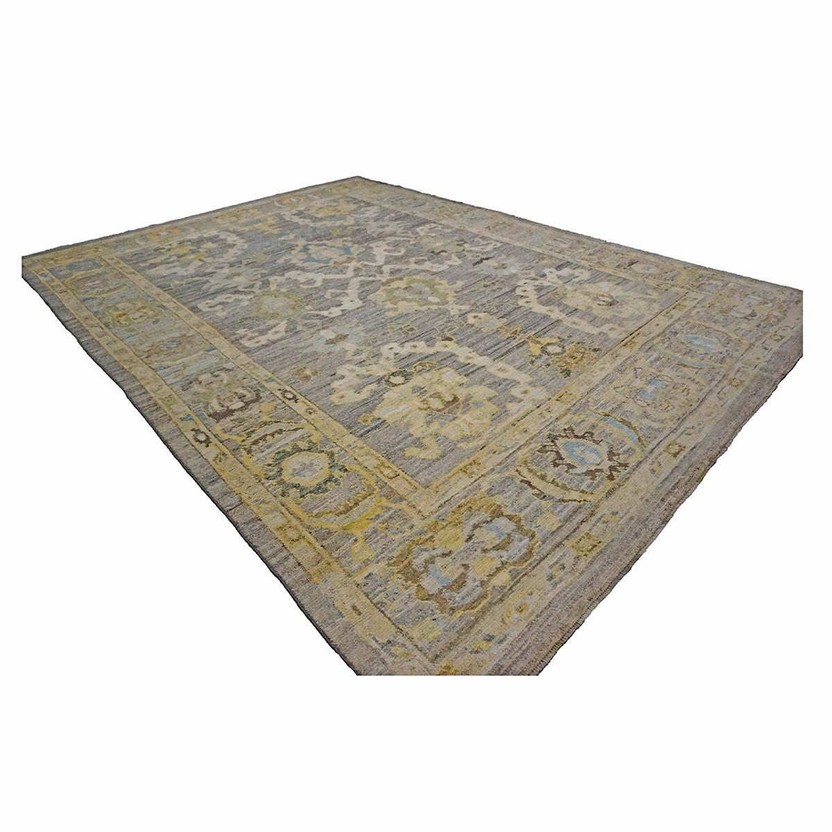 21e siècle Turc Oushak 9X13 Or, Ivoire et Bleu ardoise Tapis fait main Excellent état - En vente à Houston, TX