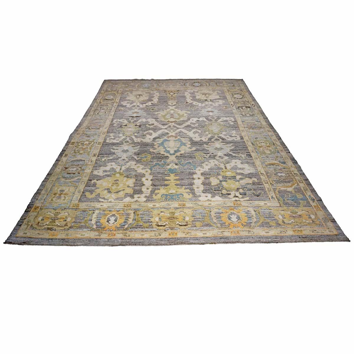 Laine 21e siècle Turc Oushak 9X13 Or, Ivoire et Bleu ardoise Tapis fait main en vente