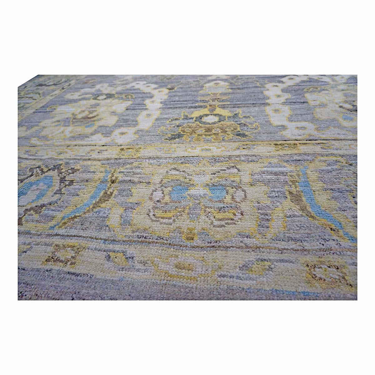 21e siècle Turc Oushak 9X13 Or, Ivoire et Bleu ardoise Tapis fait main en vente 5