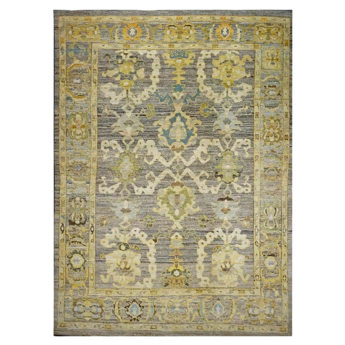 21st Century Turkish Oushak 9X13 Gold, Ivory & Slate Blue Handmade Area Rug