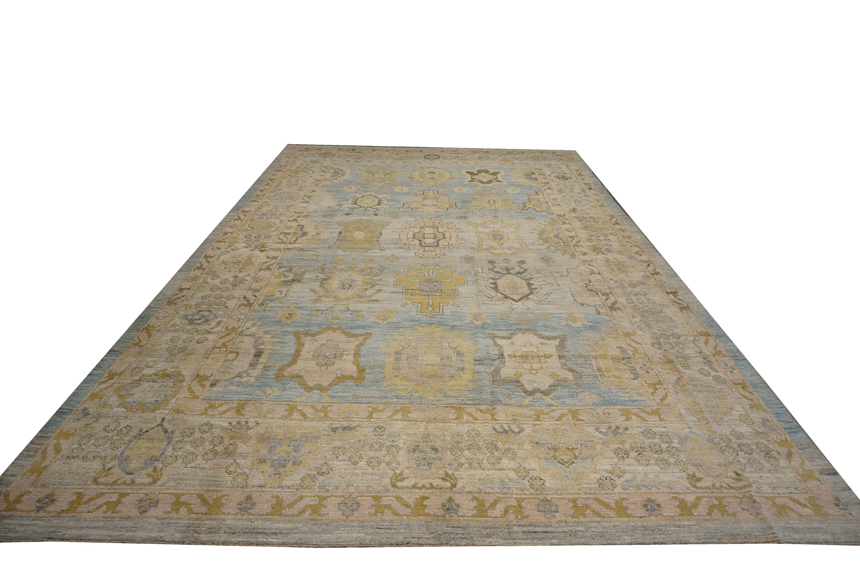 Tissé à la main 21st Century Turkish Oushak 11X17 Gold, Gray & Slate Blue Tapis fait main en vente