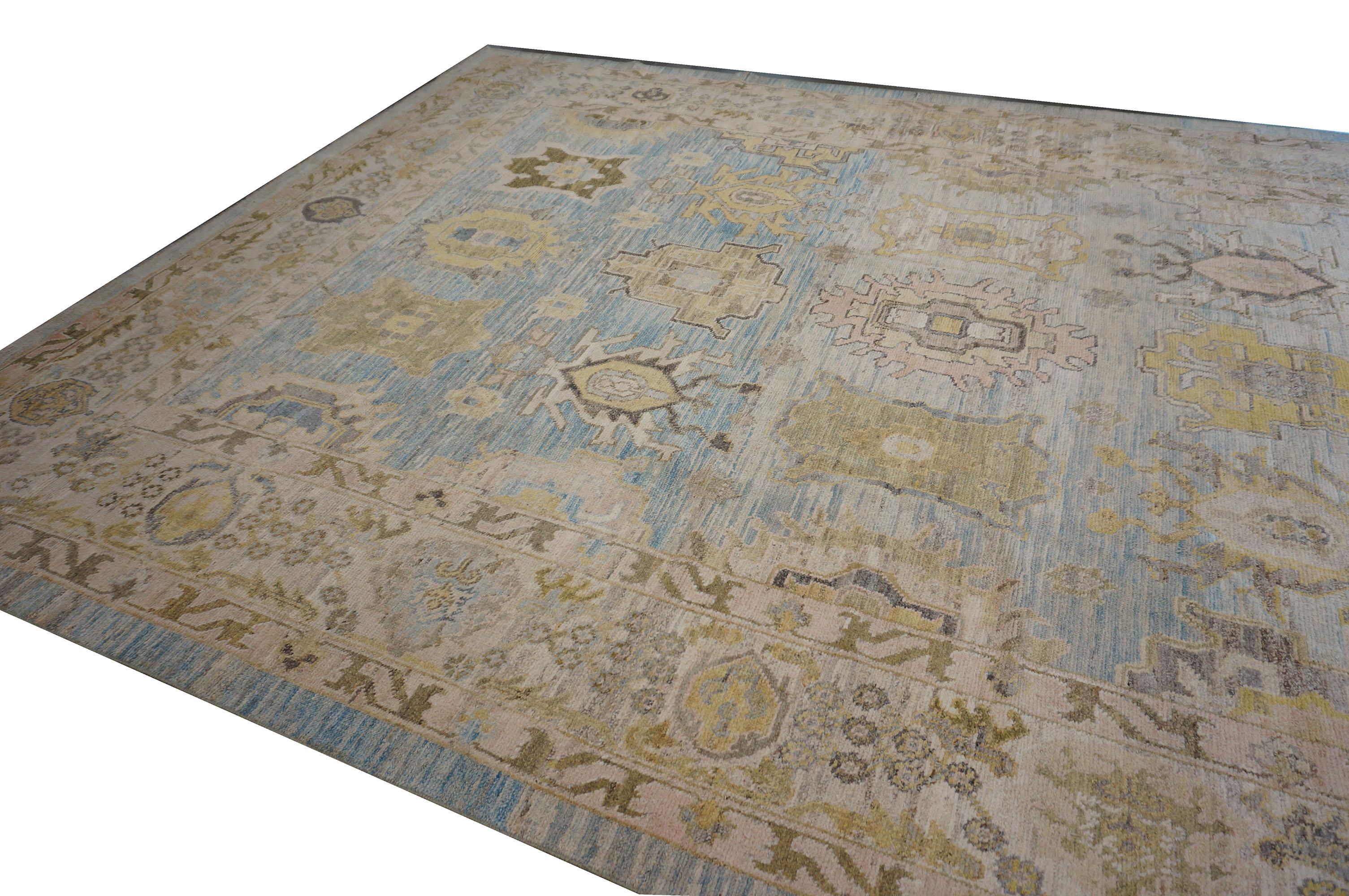 21st Century Turkish Oushak 11X17 Gold, Gray & Slate Blue Tapis fait main en vente 1