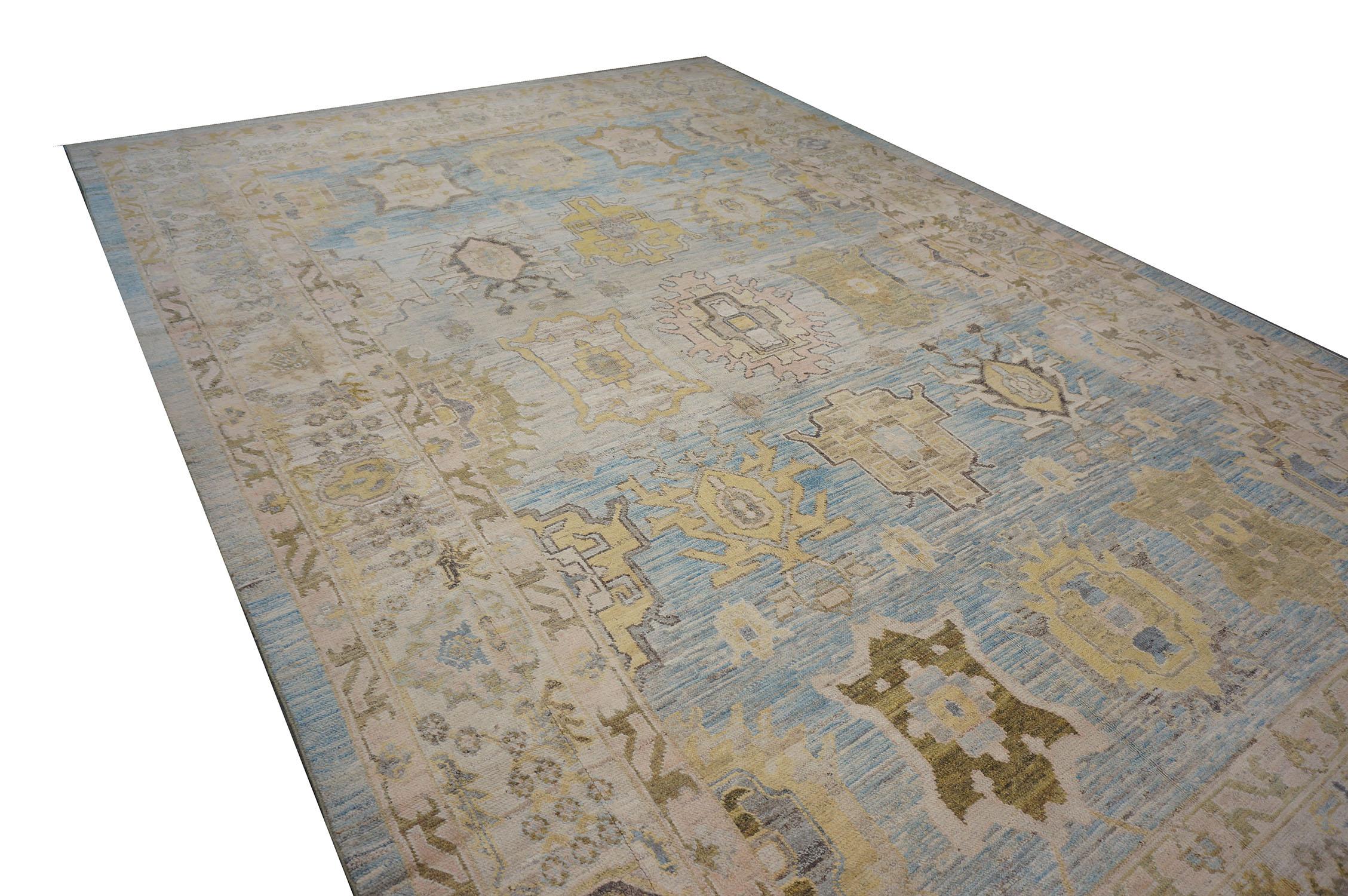 21st Century Turkish Oushak 11X17 Gold, Gray & Slate Blue Tapis fait main Excellent état - En vente à Houston, TX