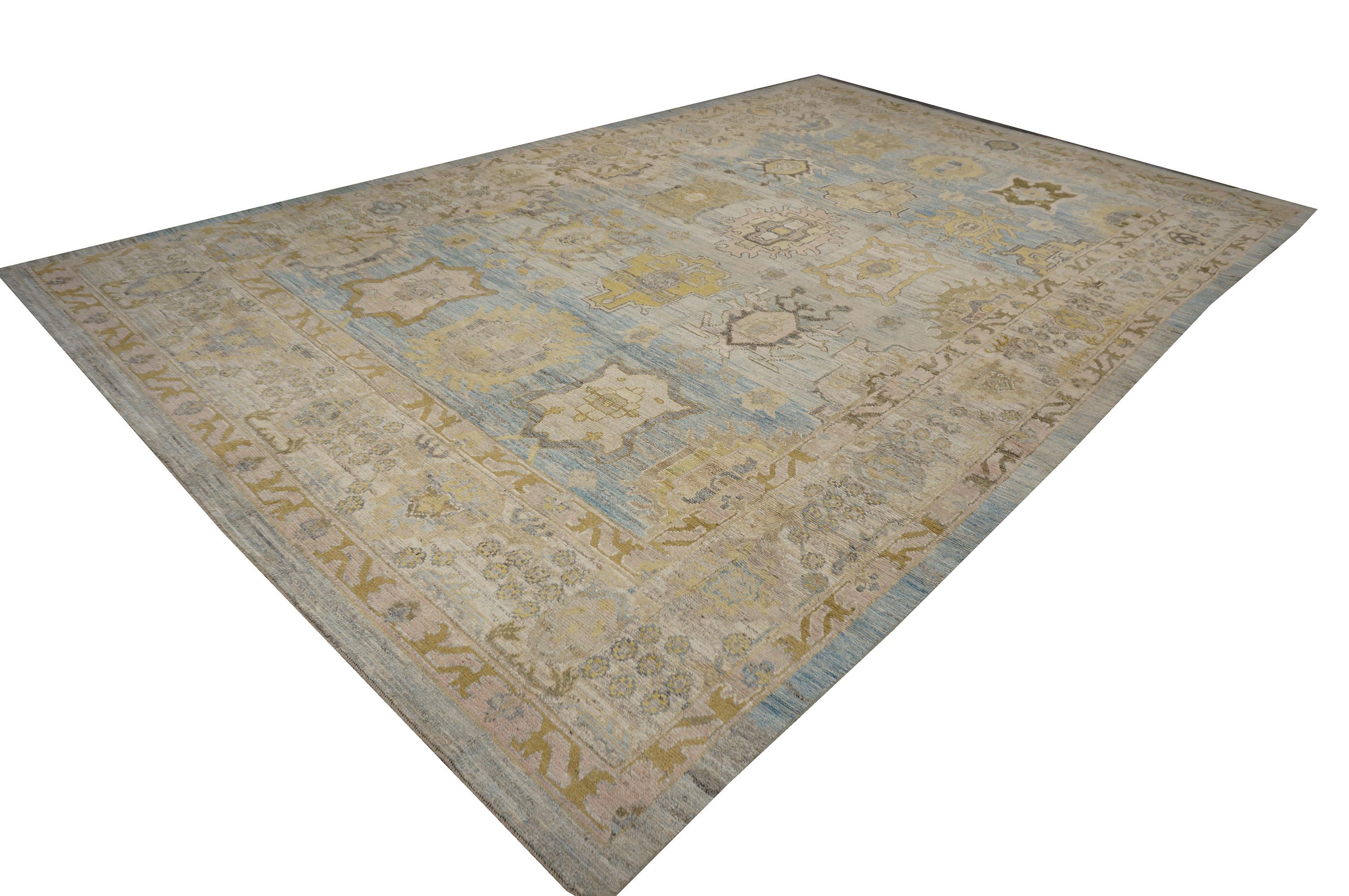 Turc 21st Century Turkish Oushak 11X17 Gold, Gray & Slate Blue Tapis fait main en vente