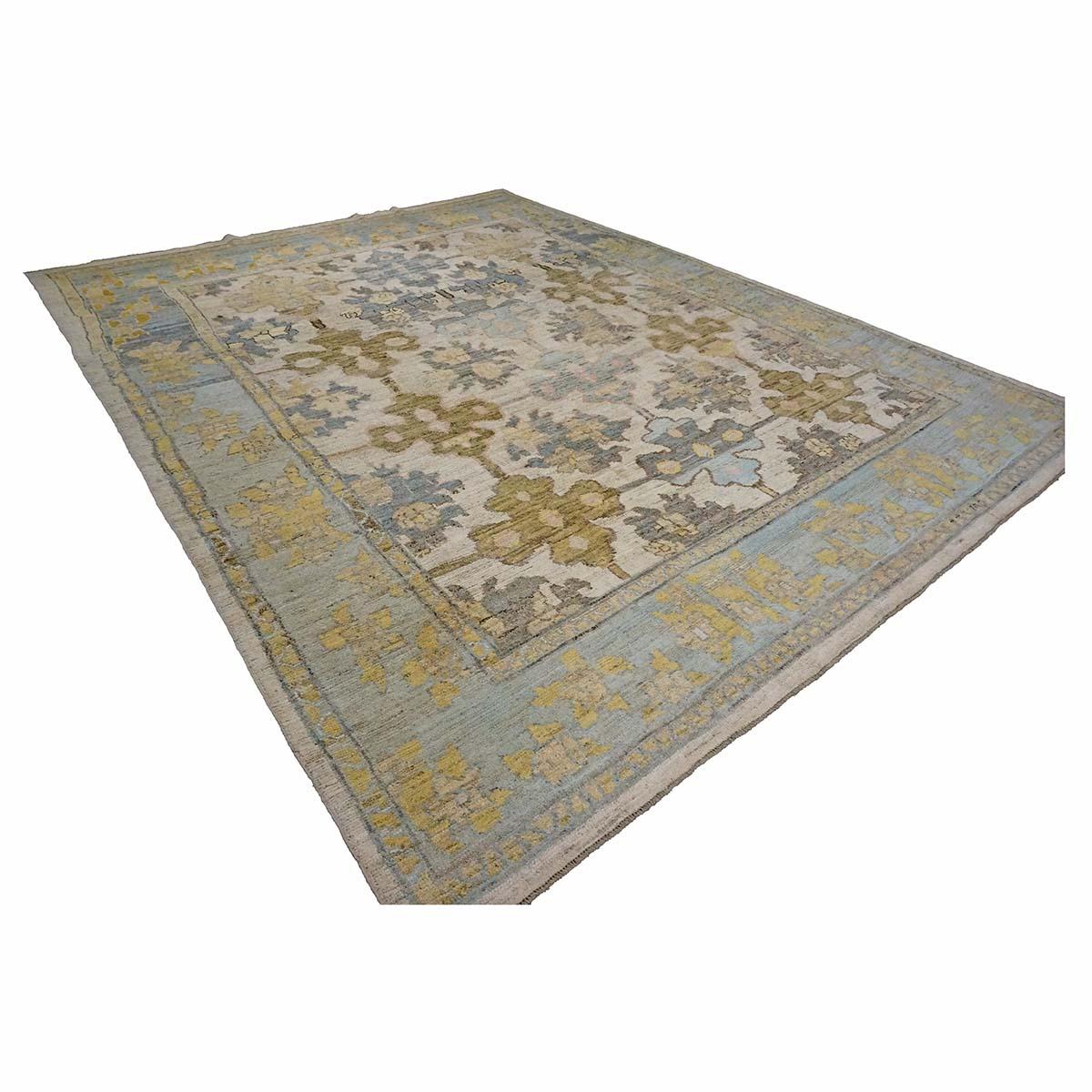 Turc 21e siècle Tapis turc Oushak 9X12 or, ivoire et bleu ardoise fait main en vente