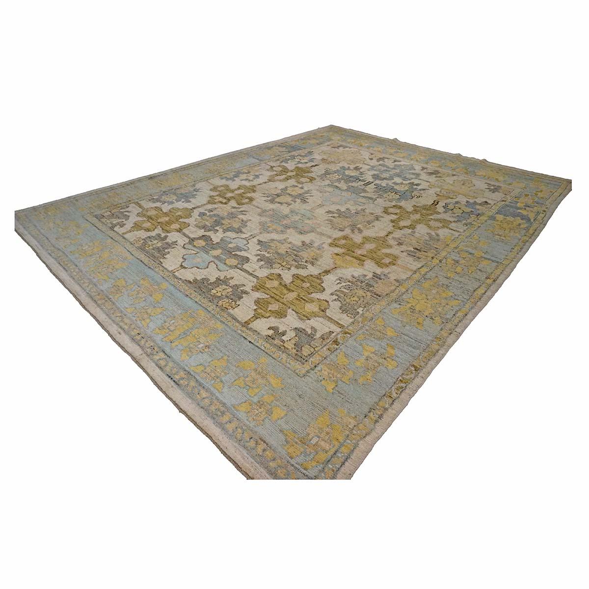 Tissé à la main 21e siècle Tapis turc Oushak 9X12 or, ivoire et bleu ardoise fait main en vente