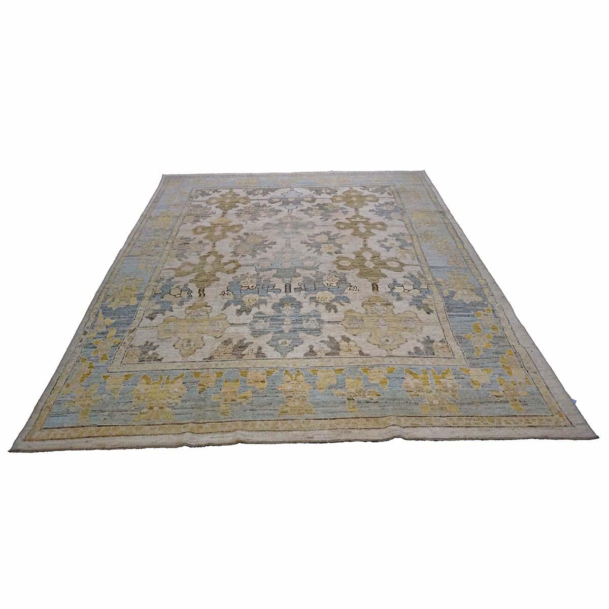 21e siècle Tapis turc Oushak 9X12 or, ivoire et bleu ardoise fait main Excellent état - En vente à Houston, TX