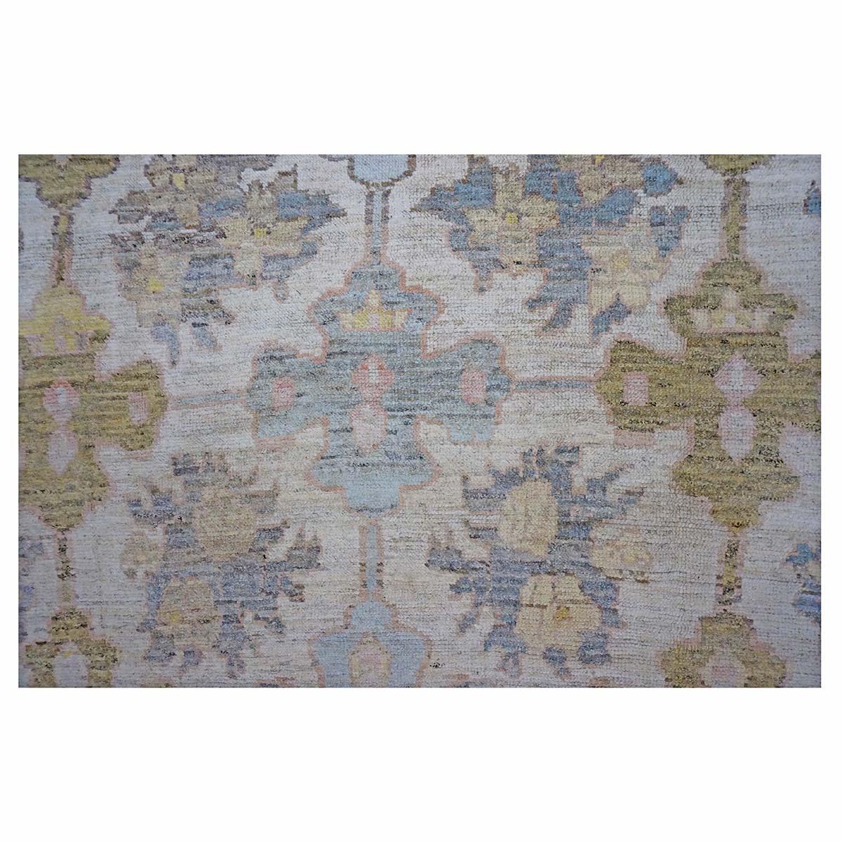 21e siècle Tapis turc Oushak 9X12 or, ivoire et bleu ardoise fait main en vente 1