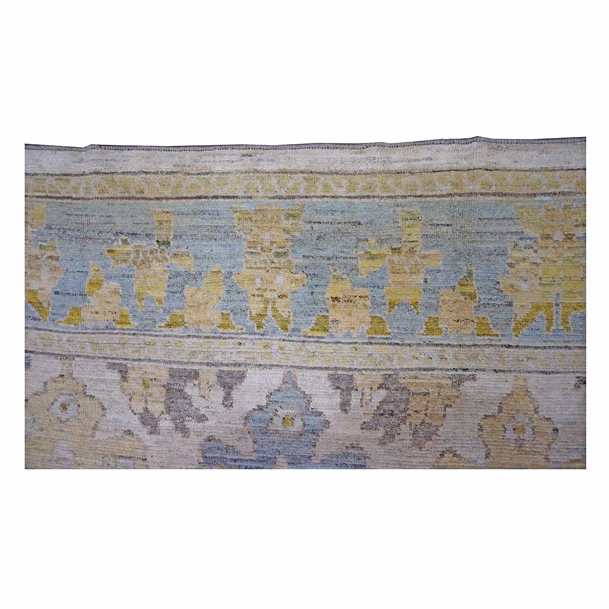Laine 21e siècle Tapis turc Oushak 9X12 or, ivoire et bleu ardoise fait main en vente