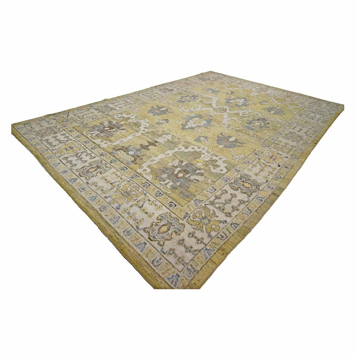 21st Century Turkish Oushak 9X13 Gold, Ivory & Gray Handmade Area Rug In Excellent Condition For Sale In Houston, TX