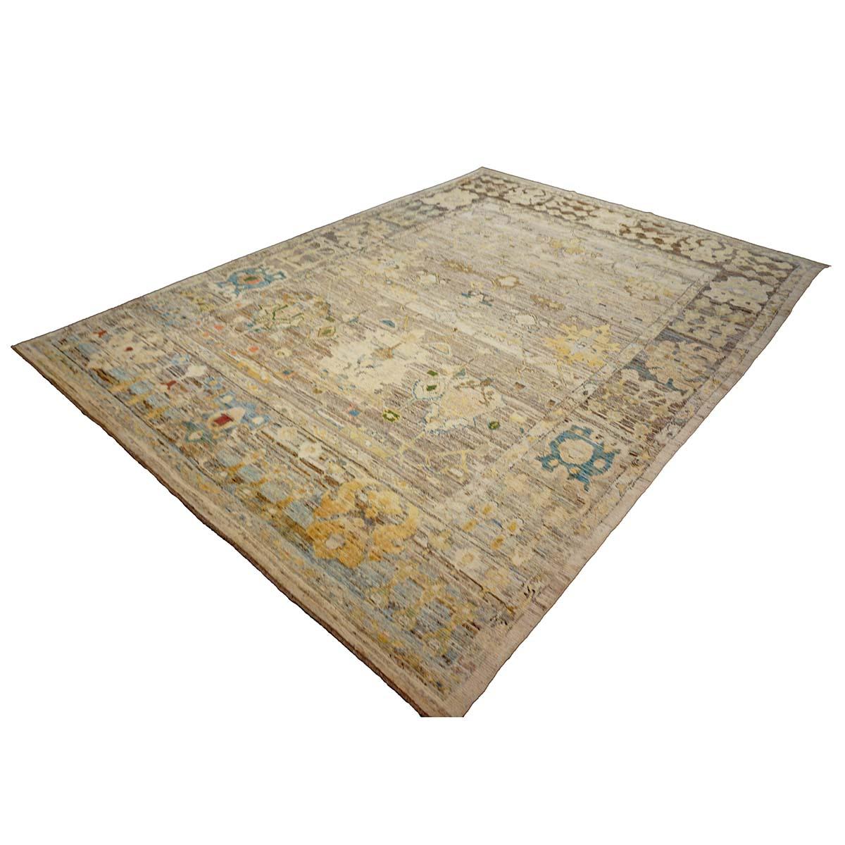 Turc 21e siècle Tapis de course turc Oushak 9X13 or, ivoire et bleu ardoise fait à la main en vente