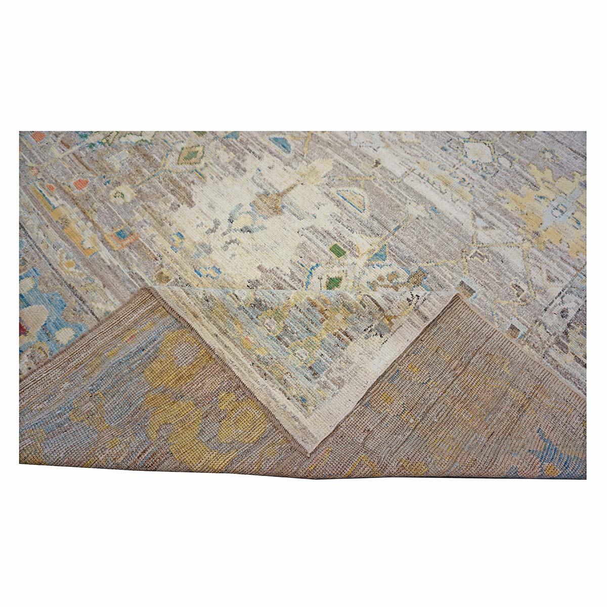 21e siècle Tapis de course turc Oushak 9X13 or, ivoire et bleu ardoise fait à la main en vente 7