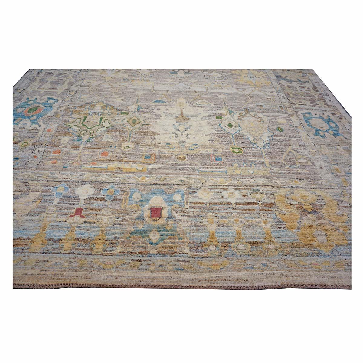 Tissé à la main 21e siècle Tapis de course turc Oushak 9X13 or, ivoire et bleu ardoise fait à la main en vente