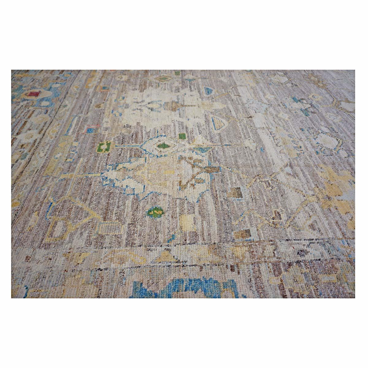XXIe siècle et contemporain 21e siècle Tapis de course turc Oushak 9X13 or, ivoire et bleu ardoise fait à la main en vente