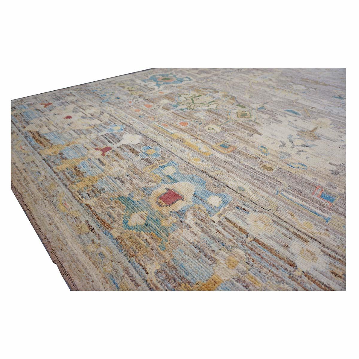 21e siècle Tapis de course turc Oushak 9X13 or, ivoire et bleu ardoise fait à la main en vente 4