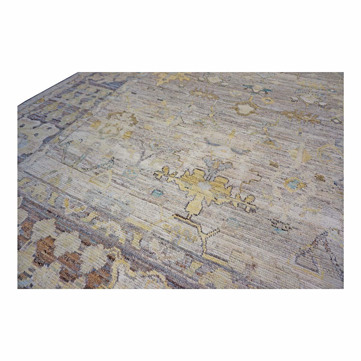 Laine 21e siècle Tapis de course turc Oushak 9X13 or, ivoire et bleu ardoise fait à la main en vente