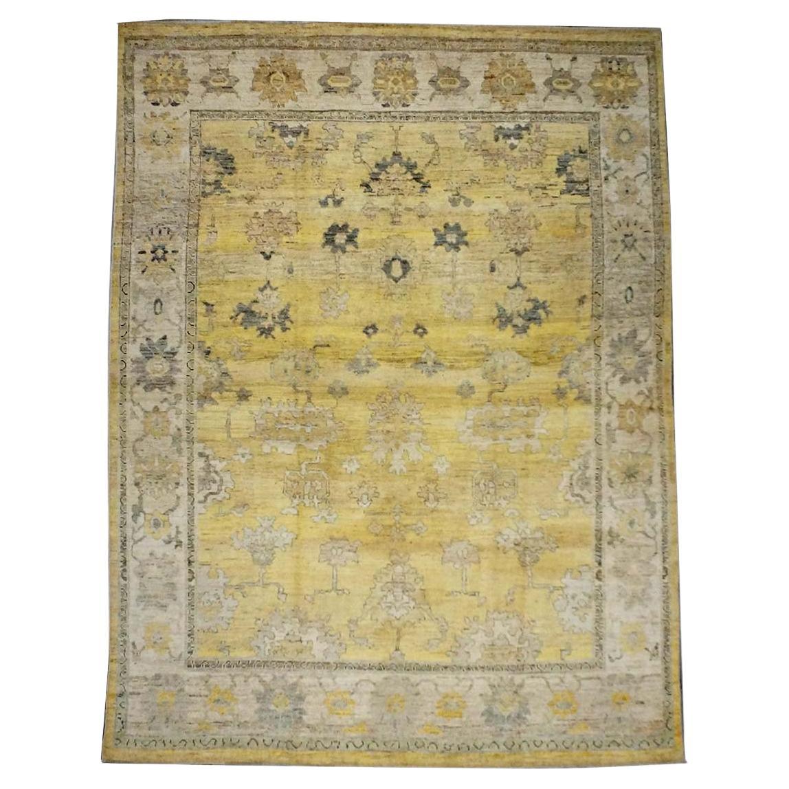 21st Century Turkish Oushak 10X13 Gold, Ivory & Charcoal Handmade Runner Rug