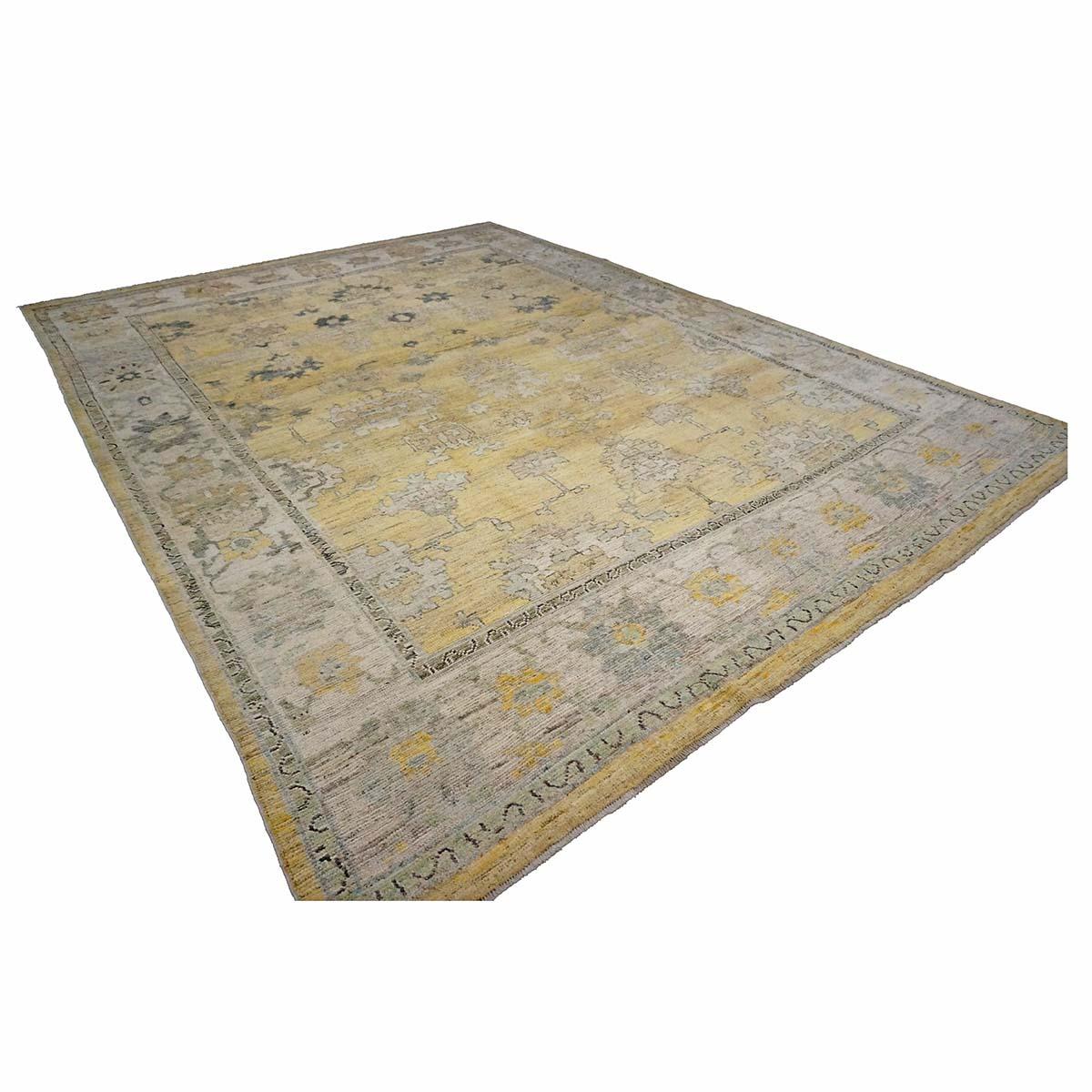 21st Century Turkish Oushak 10X13 Gold, Ivory & Charcoal Handmade Runner Rug For Sale 1
