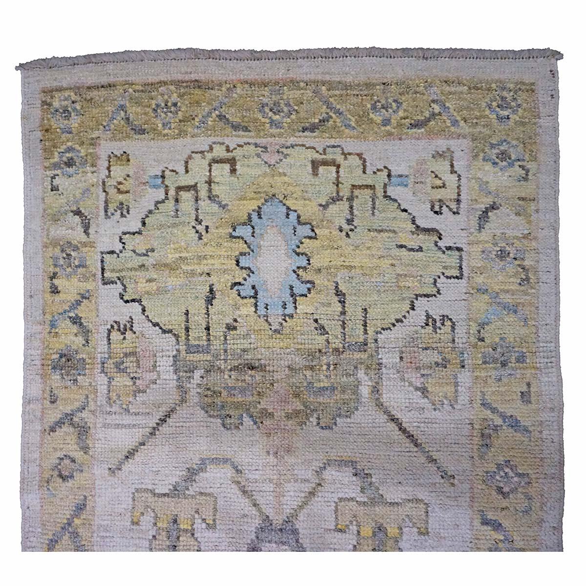 Hand-Woven 21st Century Turkish Oushak 3X18 Gold, Ivory & Charcoal Handmade Runner Rug For Sale
